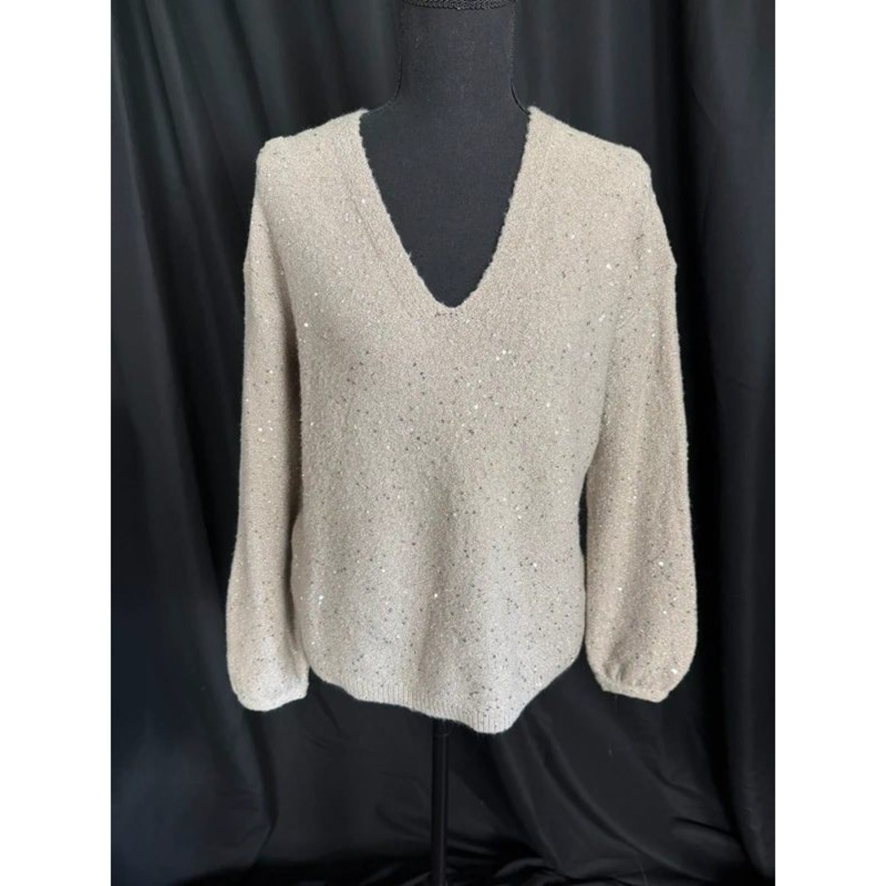 LOFT Sequin Double V Neck Sweater Womens XS Taupe Sand‎ Melange Balloon Sleeve